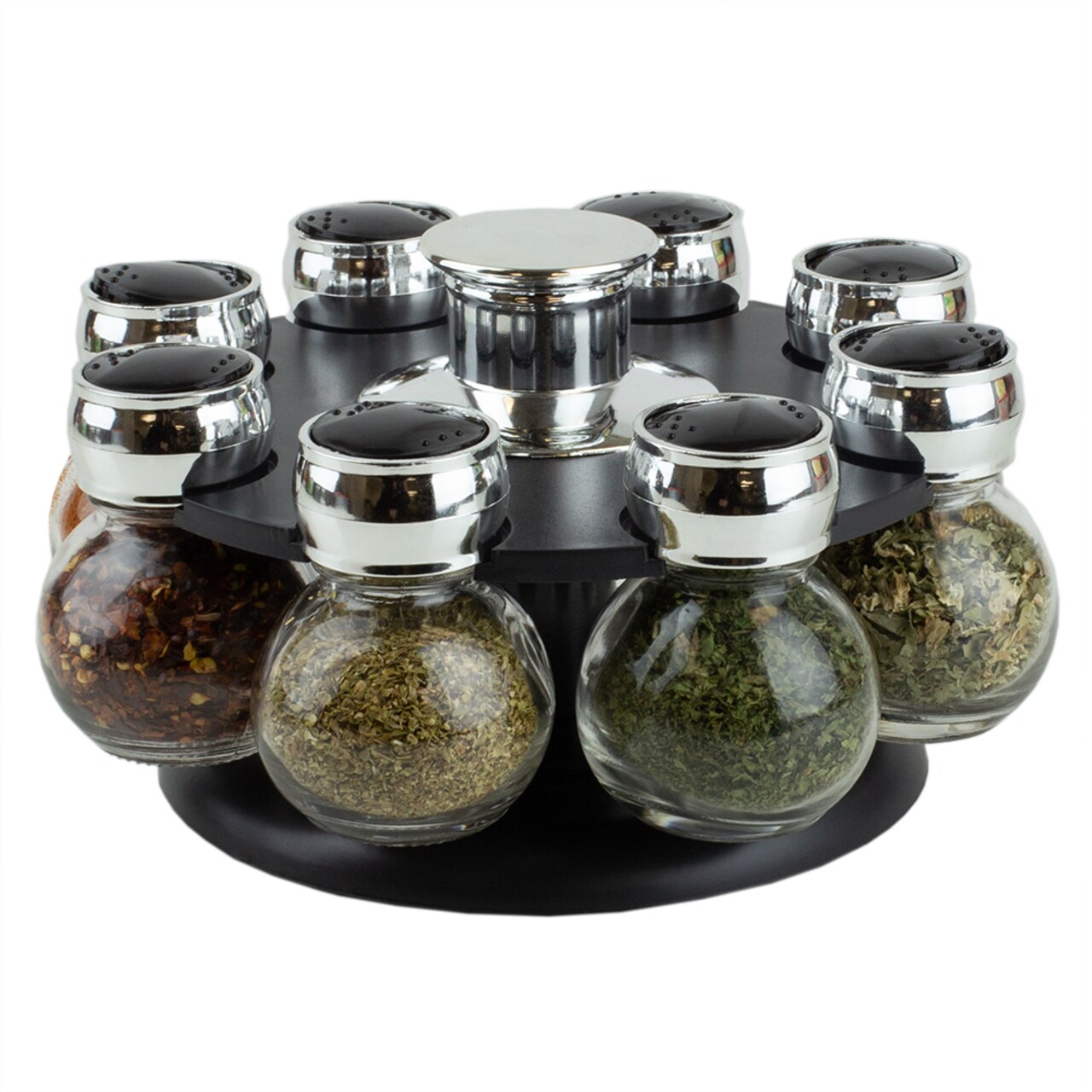 Home Basics Contemporary Low Profile Revolving 8-Jar Spice Rack Set, Black